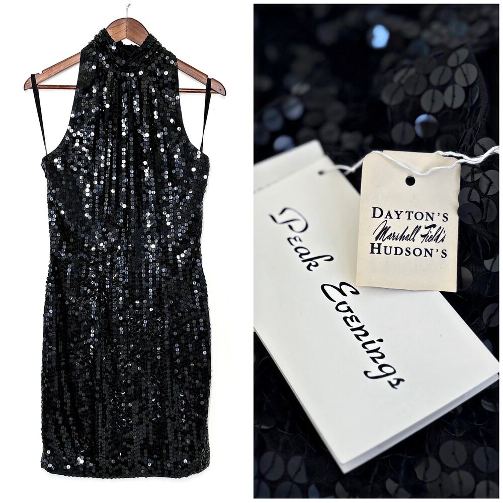 VTG NWT Y2K Sequin Halter Dress Black Bodycon Cocktail Party Glam Mini Party M